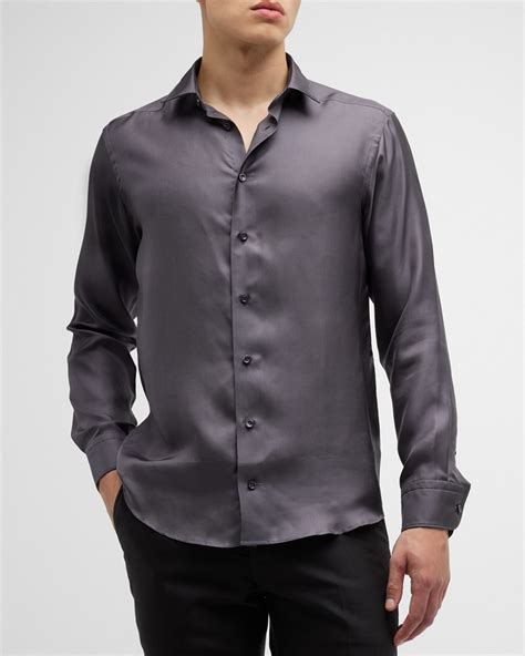 Burberry Men's Slim Fit Silk Dress Shirt, Casual Long Sleeve